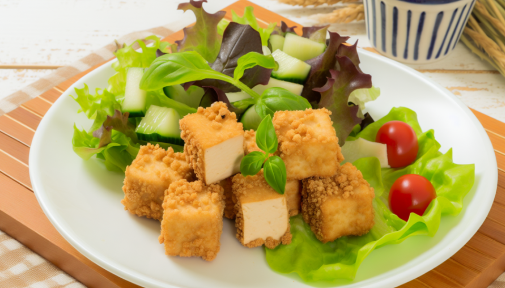 kawałki tofu w panierce na sałacie
